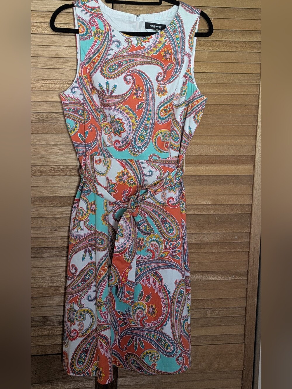 Nine West Sleeveless Paisley Tie-Waist Dress in Coral & Aqua